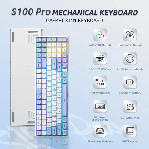 Vista 2 de Aula S100 Pro Wireless Gaming Keyboard, Tri-Mode Connection (Bluetooth2.4GHzUSB-C), RGB Backlit Mechanical Keyboard with Number Pad, Customizable