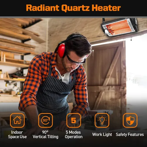 Vista 3 de Shinic Paquete de 2 calentadores eléctricos de garaje, 1500 W/750 W, calentadores radiantes con luz halógena, rotación de 90 grados, 5 ajustes