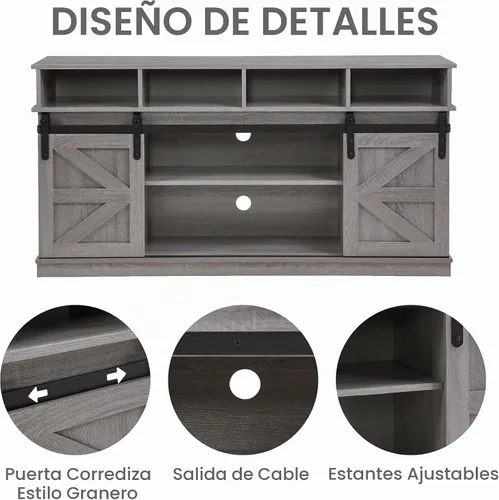 Vista 4 de Soporte de TV con puerta corrediza de granero, centro de entretenimiento de madera moderna y rústica, armario de almacenamiento, mesa de estar