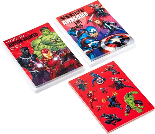 Vista 3 de Hallmark Avengers - Tarjetas de San Valentín con calcomanías, paquete surtido de 24 unidades Vengadores San Valentín con pegatinas
