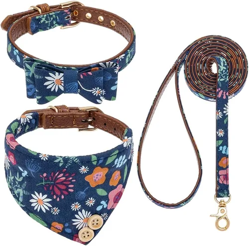 Vista 37 de EXPAWLORER Juego de collar y correa para cachorros, collar clásico a cuadros para perros pequeños con corbatín, bonito juego de collar y correa