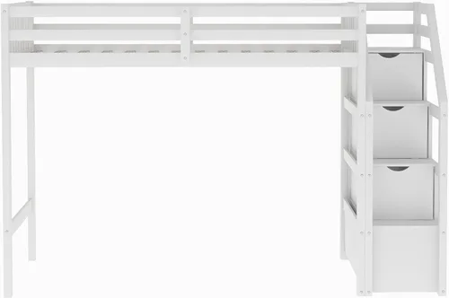 Vista 8 de Litera en forma de L individual sobre matrimonial, cama tipo loft individual con cajones de almacenamiento (blanco)