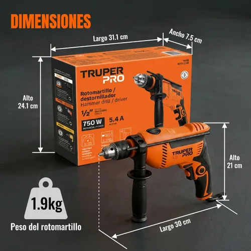 Vista 9 de Truper Taladro de martillo rotatorio profesional de 1/2" 700W, 110V, 5A, naranja