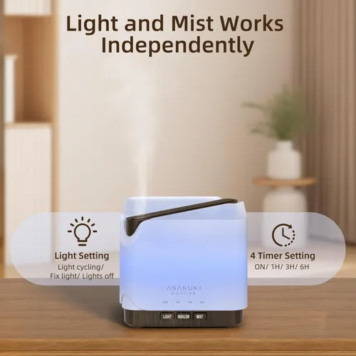 Vista 8 de ASAKUKI Difusor de aceite esencial, humidificador ultrasónico multifuncional para aromaterapia con aceite fragante vaporizador con temporizador