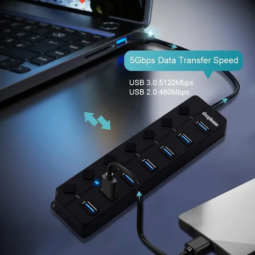 Vista 4 de Hub USB 3.0 de 7 puertos con interruptores de alimentación individuales y luces LED, divisor de concentrador de datos de alta velocidad