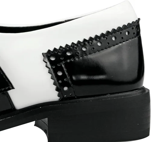 Vista 7 de PIVAPAM Zapatos Oxford negros y blancos para mujer con borla de charol y tacones bajos gruesos sin cordones en la punta de las alas de dos tonos