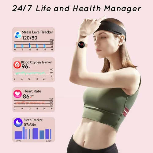 Vista 4 de AMOLED - Reloj inteligente para mujer con pantalla pequeña de 1.19 pulgadas para teléfonos iPhone / Android con llamada Bluetooth, frecuencia