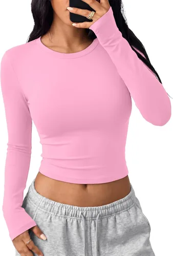 Vista 27 de Trendy Queen Camisetas cortas de manga larga para mujer, camisetas básicas Blanco