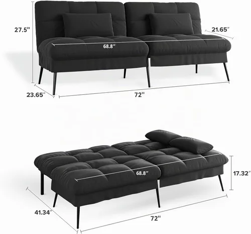 Vista 2 de COMHOMA Sofá cama futón, sofá cama convertible de 72 ″, sofá biplaza Negro
