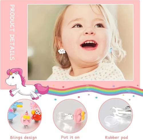 Vista 5 de Hifot 16 Pairs Clip on Earrings Girls, No Pierced Design Earrings Dress up Pretend Princess Play Jewelry Accessories for Kids