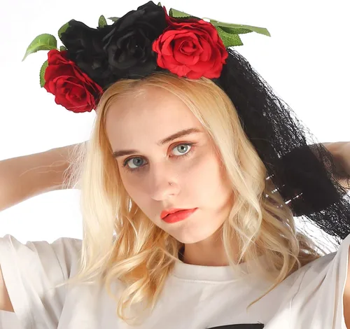Vista 5 de WIOR Diadema del Día de los Muertos con velo y flores de rosa, diadema mexicana para fiesta de disfraces de Halloween (rojo y negro)