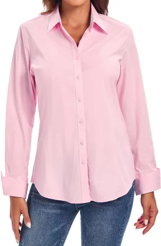 Vista 5 de Esabel.C Camisas de manga larga con botones para mujer, ajuste regular, blusa de trabajo elástica