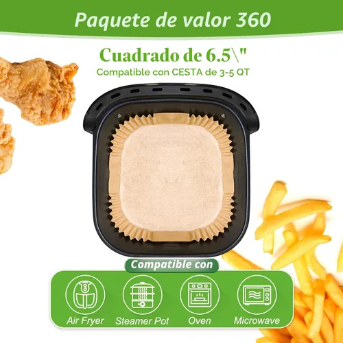 Vista 2 de 360 piezas de 16,5 cm de lado forros desechables para freidora de aire, papel de pergamino sin blanquear y resistente para freidora de aire, sin