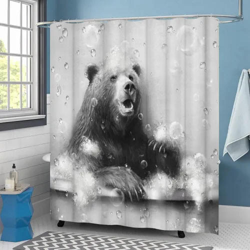 Vista 6 de KREATIVE ARTS Cortina de ducha con diseño de osos divertidos animales, decoración de bañera, casa de campo en blanco y negro, 72 pulgadas de ancho
