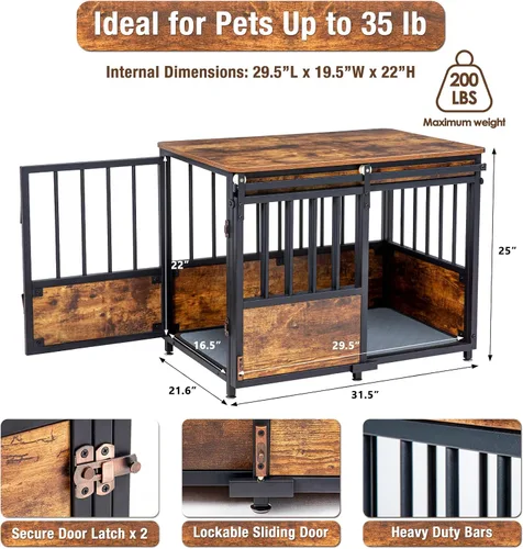 Vista 7 de KOOPRO Mueble de jaula para perros de 32 pulgadas con cojín, resistente para perros medianos Wooden Dog Kennel with Double Doors, Decorative Pet
