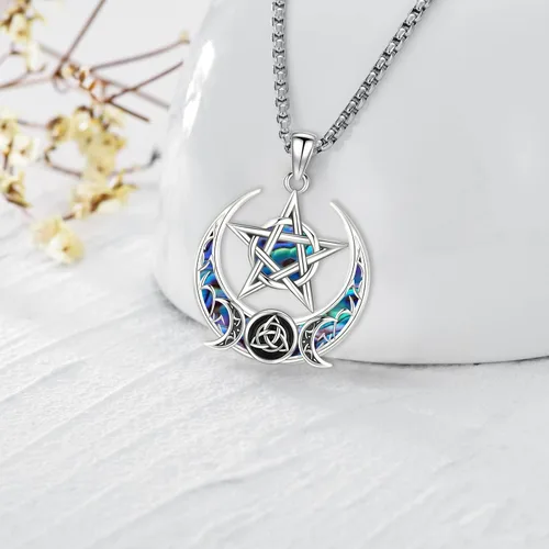 Vista 208 de Collar de pentagrama de plata de ley con triple luna, diosa celta, nudo celta, nudo de brujas, Ankh, sol y luna, Hécate, lilith, Santa Muerte