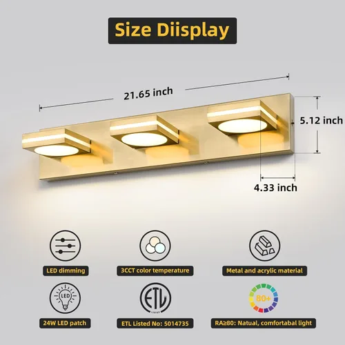 Vista 3 de OKELI Lámpara LED de tocador de baño de 3 luces, accesorios de iluminación de pared de baño modernos dorados sobre espejo (3CCT, 3000K-6000K)