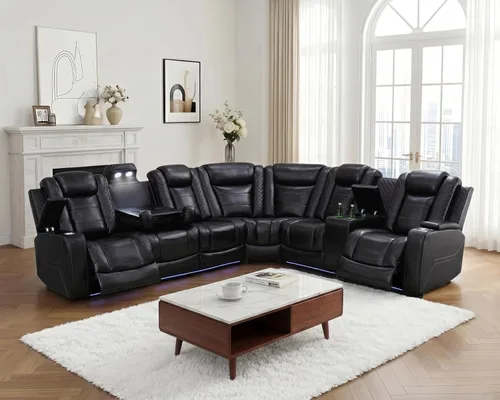Vista 20 de Sofá seccional reclinable eléctrico con asiento de cine en casa con LED y puerto USB L Shaped Reclining Couch with Reading Lamp, Cup Negro