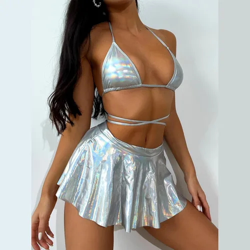 Vista 4 de Traje de rave metálico para mujer, top corto brillante, falda con flecos, traje de baño, festivales de música, Halloween, cosplay, disfraz