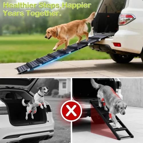 Vista 4 de Rampa para perros para automóvil, SUV y camión - Rampa portátil para mascotas con escalera antideslizante y superficie antideslizante, escalones