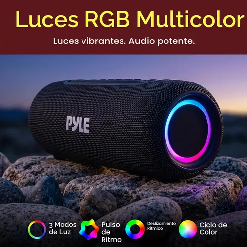 Vista 7 de Pyle Altavoz Bluetooth portátil - LED RGB, IPX5 impermeable, emparejamiento estéreo TWS, USB/AUX/FM, micrófono integrado, carga USB-C, batería 7H