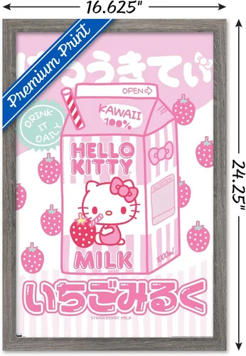 Vista 3 de Hello Kitty: 20 Kawaii Tokyo - Póster de pared con leche, 22.4 pulgadas de largo x 14.7 pulgadas de ancho, versión enmarcada de madera de granero