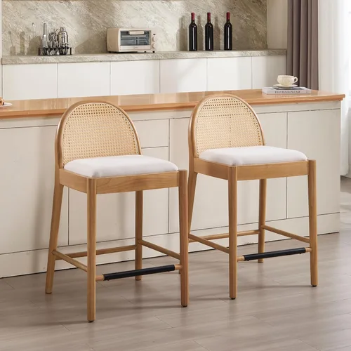Vista 12 de HEAH-YO Taburetes de bar de ratán, juego de 2, taburetes de barra de 26 pulgadas de altura de mostrador con respaldos de ratán y patas de madera