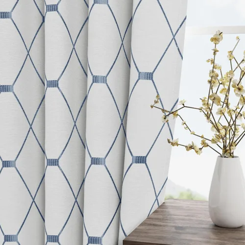 Vista 2 de Nanspring Cortinas blancas con patrón geométrico azul de 84 pulgadas de largo, juego de 2 paneles para sala de estar, pestaña trasera y bolsillo