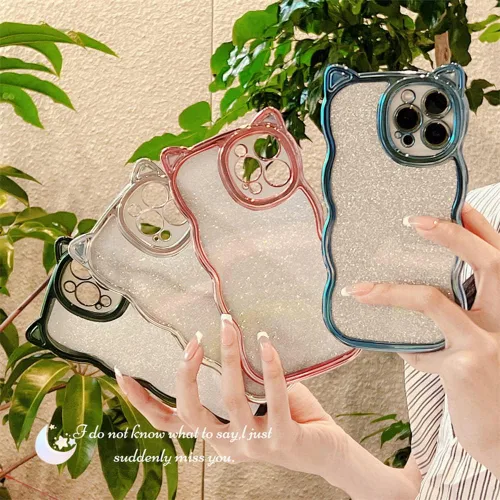 Vista 5 de Funda con purpurina para mujer para iPhone 12 Pro Max, marco ondulado rizado, funda brillante para iPhone 12 Pro Max lindas orejas de gatito en 3D