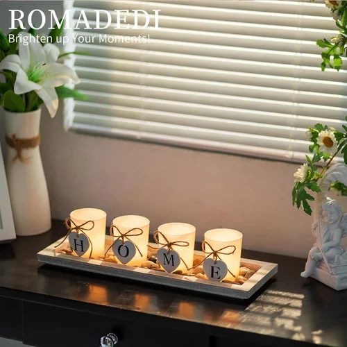 Vista 4 de Romadedi Portavelas Decorativo de Centro de Mesa Estilo Granja - Bandeja de Madera Rústica con 4 Portavelas de Vidrio para Velas de Té para Mesa