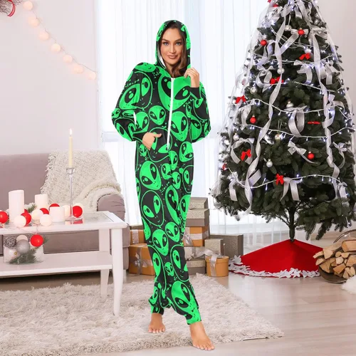 Vista 3 de Fisyme Pijama de una sola pieza para adultos de alienígena verde para mujeres y hombres, traje de dormir de una pieza de manga larga
