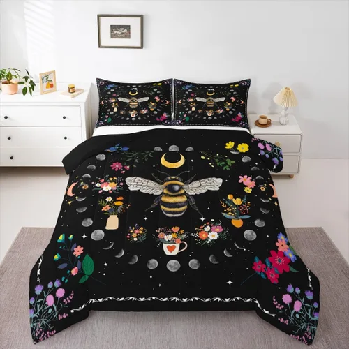 Vista 13 de Juego de edredón de polilla de la muerte, juego de ropa de cama tamaño individual, diseño de calavera gótica, flores botánicas, juego de edredón
