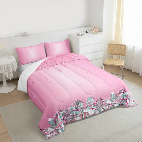 Vista 6 de Castle Fairy Juego de edredón de diamantes geométricos, tamaño matrimonial, juego de ropa de cama con purpurina rosa para niñas, mujeres, adultos