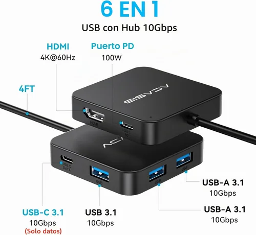 Vista 2 de ACASIS - Adaptador multipuerto USB C de 4 pies de largo 10 Gbps, HDMI 4K 60 Hz Negro