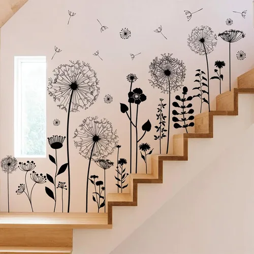 Vista 2 de Calcomanías de pared grandes de diente de león, atractivas calcomanías de pared de flores voladoras, decoración de pared de plantas extraíbles