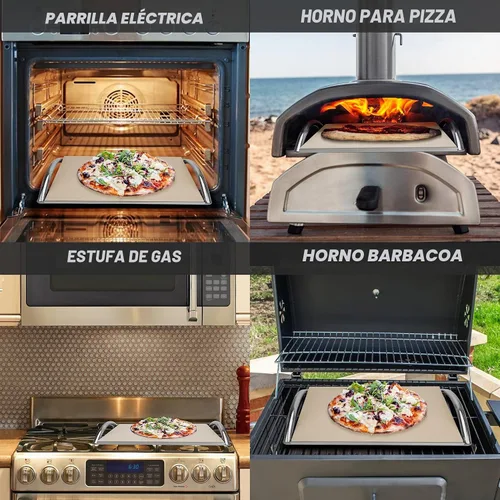Vista 5 de Skyflame Piedra de pizza de cordierita de 16 pulgadas con estante y mango de acero inoxidable extraíble, piedra de hornear resistente para parrillas