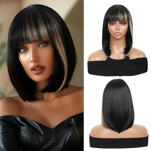Vista 13 de Kalyss - Pelucas cortas de cabello negro con flequillo para mujer, peluca de cabello sintético completo, resistente al calor, peluca corta y recta