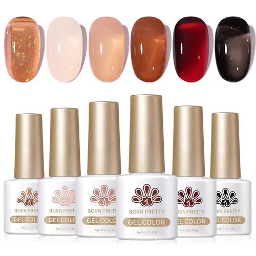 Vista 17 de Born Pretty Esmalte de uñas de gel de color ámbar cristal marrón naranja burdeos rojo negro para otoño e invierno, esmalte de uñas transparente