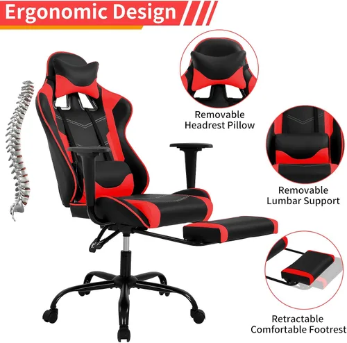 Vista 5 de BLKMTY Silla para videojuegos, silla reclinable para computadora con reposapiés y soporte lumbar, sillas de juego de altura ajustable con asiento