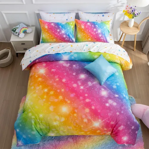 Vista 14 de A Nice Night Juego de ropa de cama de 6 piezas con purpurina degradada para niñas, tamaño completo, juego de edredón colorido de galaxia arcoíris