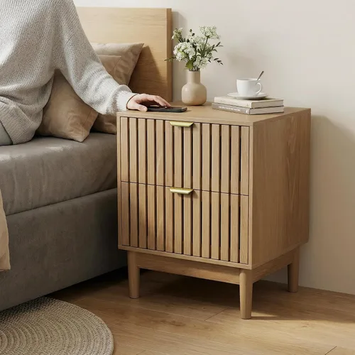 Vista 3 de Juego de 2 mesitas de noche de madera, moderna mesita de noche con diseño de rejilla, mesa auxiliar con 2 cajones de almacenamiento para sala