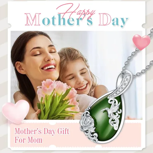 Vista 2 de JKR Teardrop Green Jade Pendant Necklace Hummingbird Dragonfly and Lotus Rose Jewelry Mother's Day Jewelry GIfts for Women Mom Girls Birthday