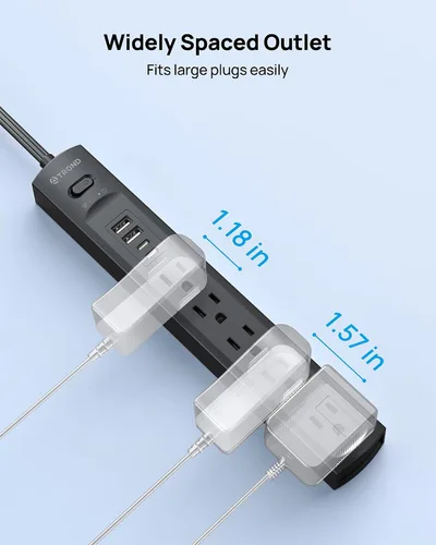 Vista 7 de TROND - Tira de alimentación con protector de sobretensiones, enchufe plano giratorio 360°, 5 tomas ampliamente espaciadas con 2 USB C y 2 USB A