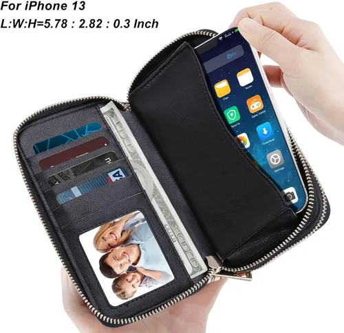 Vista 2 de Cartera de teléfono celular para mujer con doble cremallera y correa de muñeca extraíble