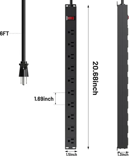 Vista 8 de Tira de alimentación de 10 tomas de 6 pies de largo, cable de extensión resistente para montaje en pared, enchufe de metal para cocina, oficina