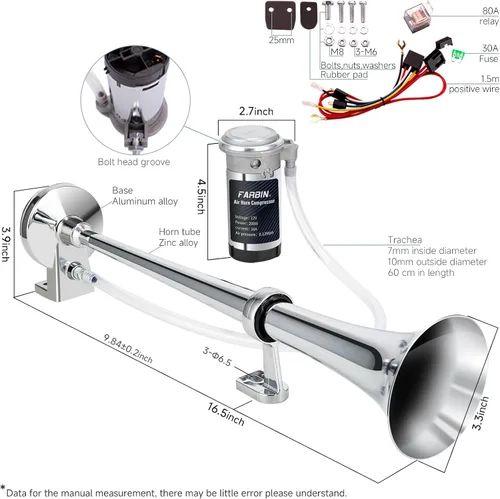 Vista 5 de FARBIN Kit de bocina de aire de 12 V, bocina de aire cromada para camión Plateado