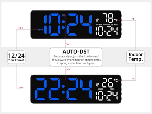 Vista 5 de Reloj de pared LED digital grande con fecha, temperatura, brillo automático, DST automático Gran reloj digital para dormitorio, escritorio, aula