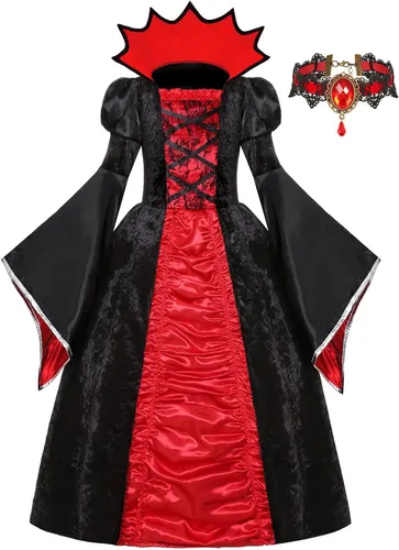 Vista 2 de SIZGAROOT Disfraz de vampiro para niñas, vestido gótico de reina Rojo