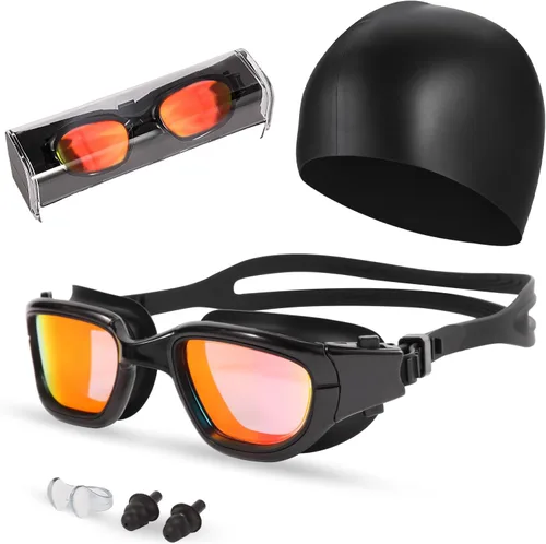 Vista 10 de Gafas de natación, gafas para adultos con gorro de natación, clip de nariz y tapones para los oídos, protección UV, lente antivaho y funda