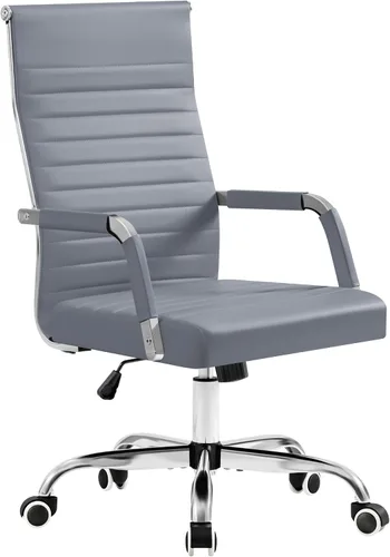 Vista 23 de Furmax Silla de escritorio de oficina acanalada con respaldo medio, silla ejecutiva de piel sintética, silla giratoria ajustable con brazos